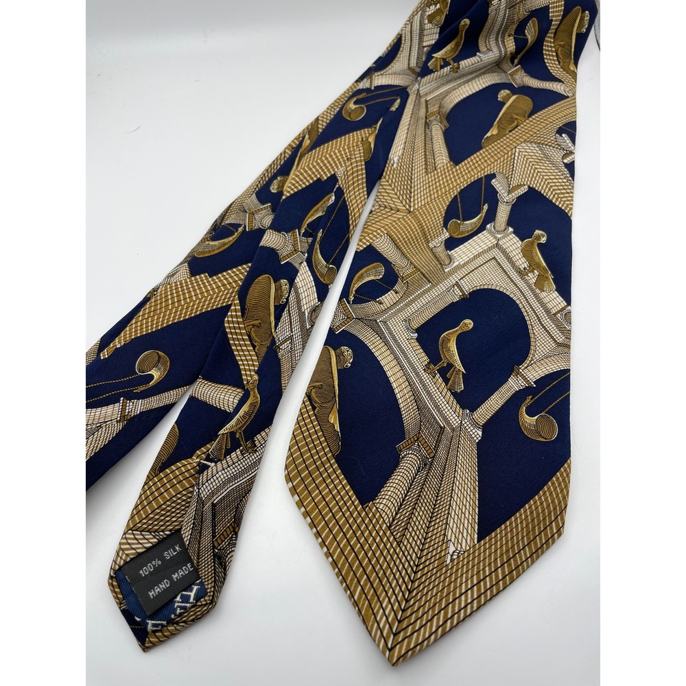 MC Escher Silk Tie Another World II Architecture Navy Tan Hand Made Necktie